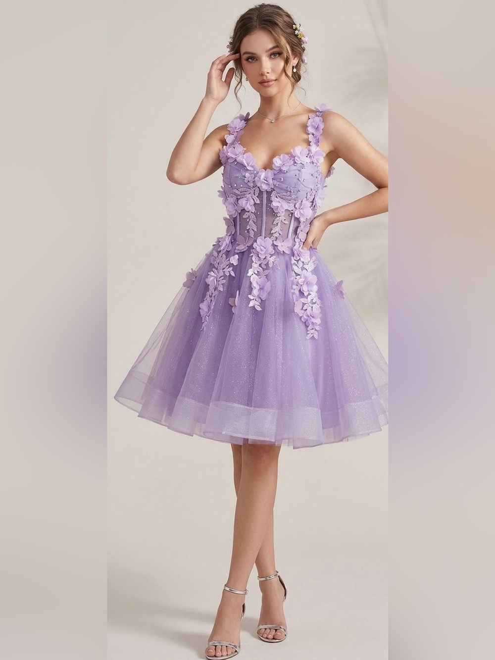 Warm Notices Lavender Floral Tulle Prom Dress with 3D Appliqués